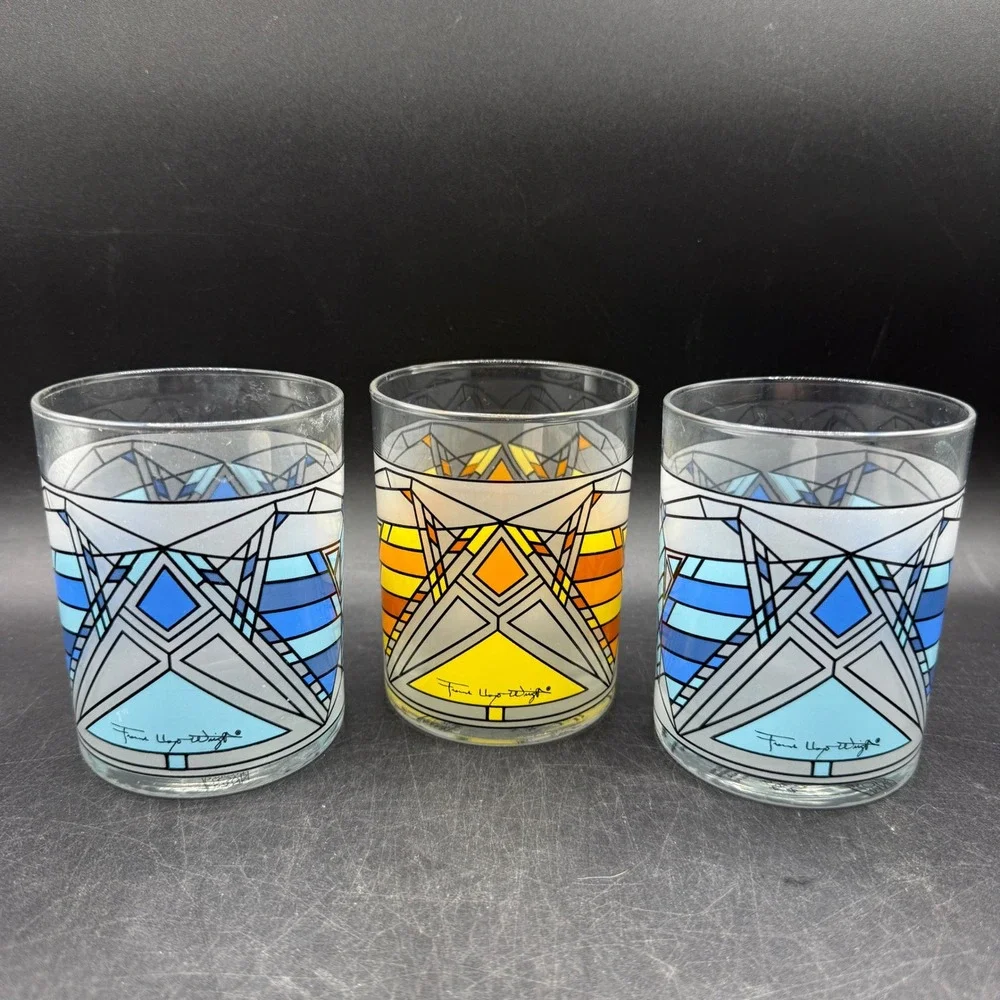 Frank Lloyd Wright MoMA Butterfly Window Glass Set of 3 Blue Yellow Whiskey - Picture 1 of 9